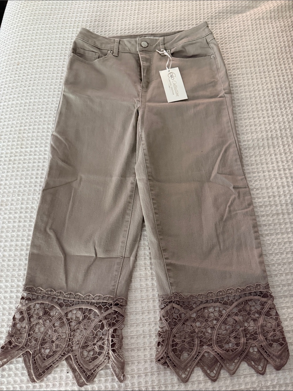 Cato Taupe Cropped Wide-Leg Jeans with Lace Hem